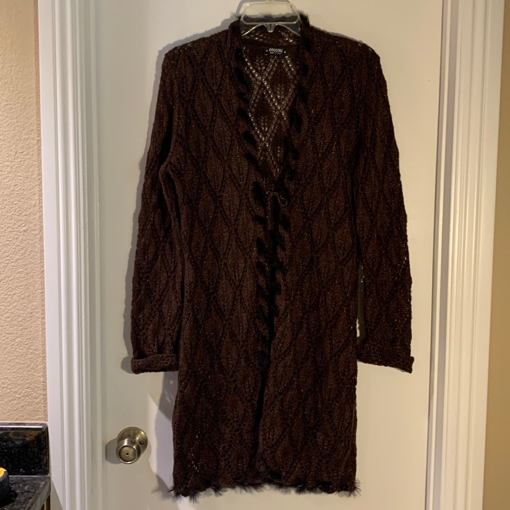 Italian Long dark brown dressy cardigan with black fur trim